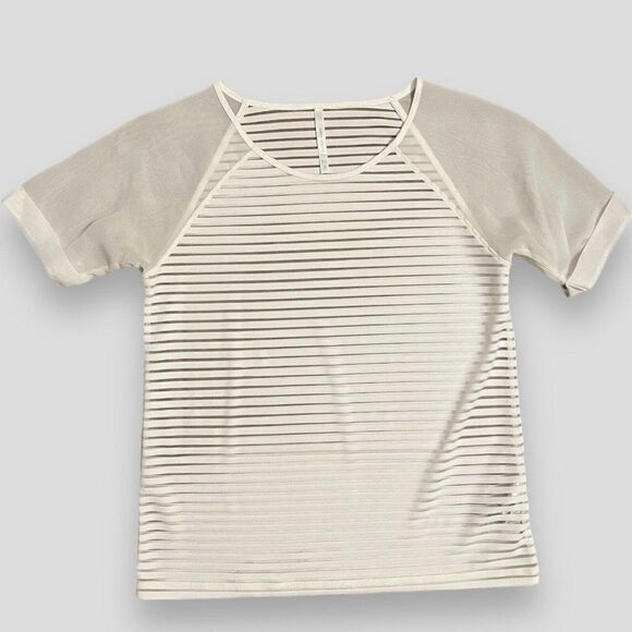 KAREN MILLEN Blouse Women’s 4 White Striped‎ Semi Sheer Short Sleeve - Picture 1 of 9